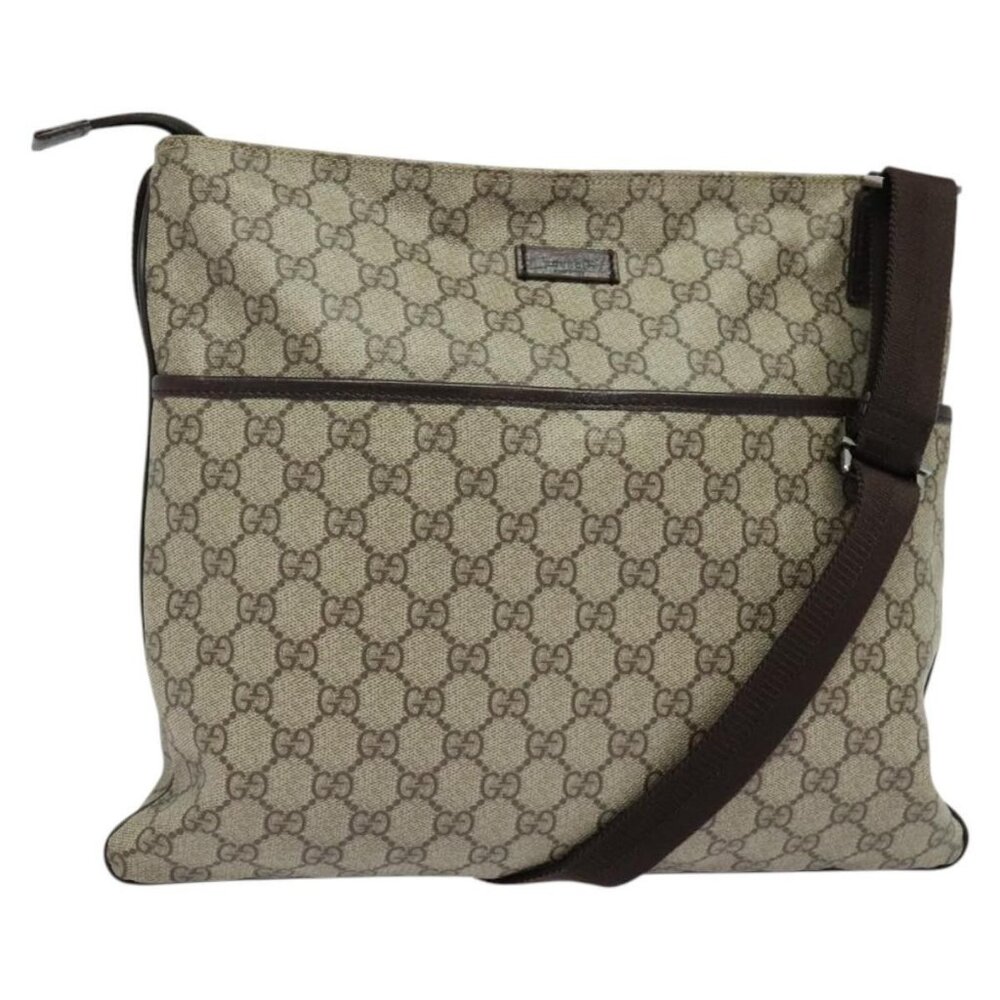 Authentic GUCCI GG Supreme Shoulder Bag PVC Leather Beige Silver 141198